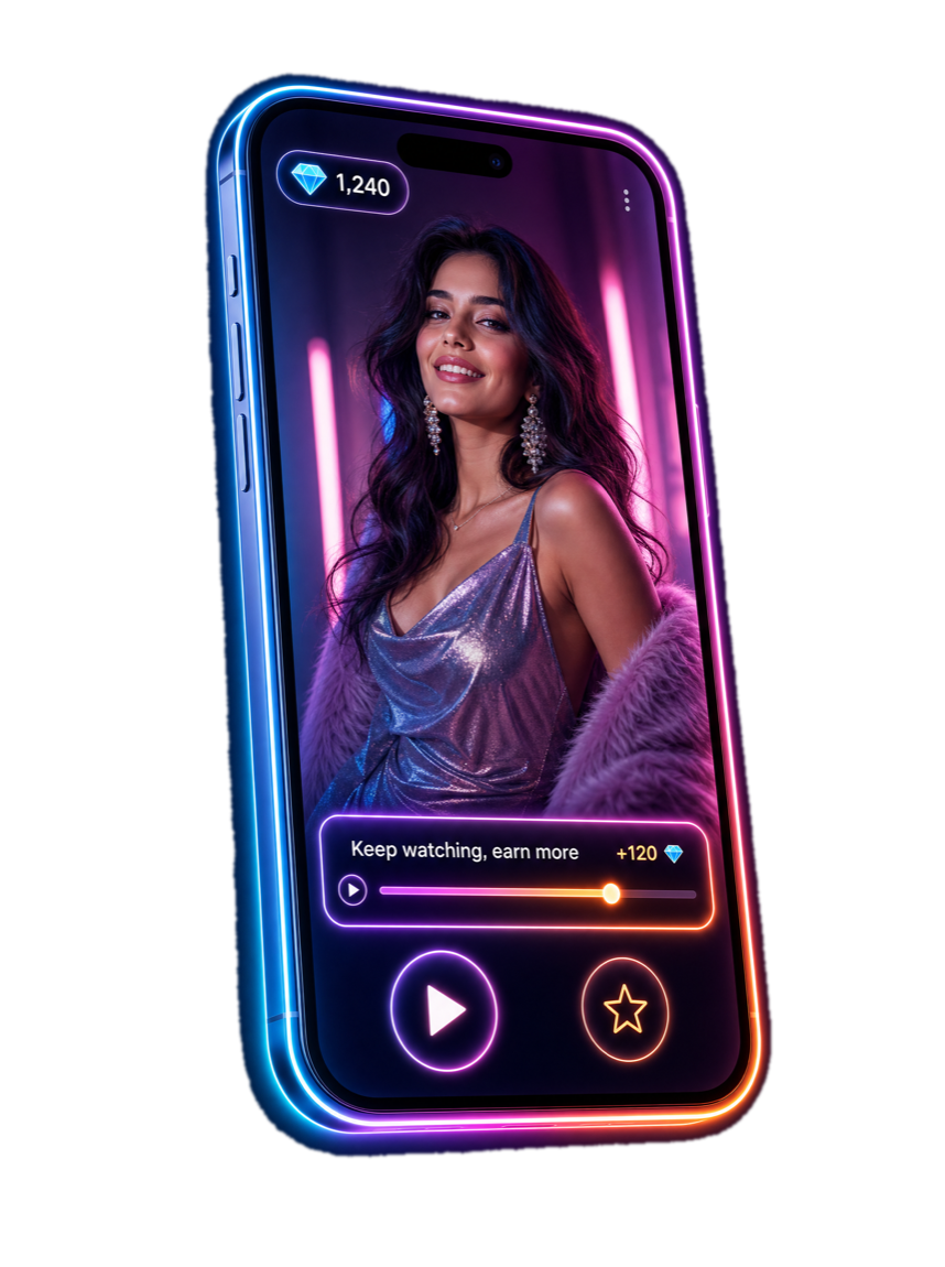 The Allura app showing a glam video feed with an AlluraCoins balance and watch-to-earn progress